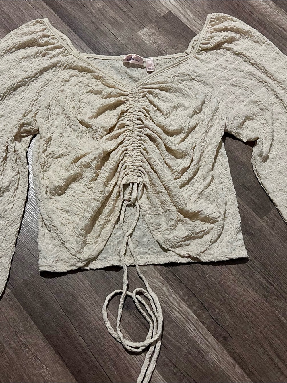 Textured Cream Ruched Long-Sleeve Crop Top